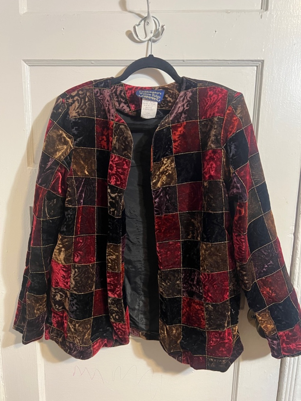 Vintage Willow Ridge Patchwork Velvet Blazer in Burgundy, Gold & Black